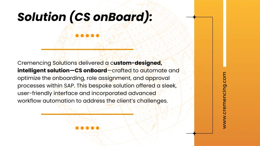 Text describing CS onBoard as a custom solution for automating SAP onboarding, role assignment, and approvals.