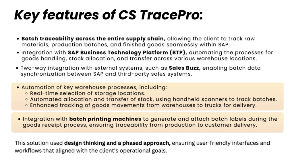  CS TracePro features: batch traceability, SAP integration, warehouse automation, and batch label printing.