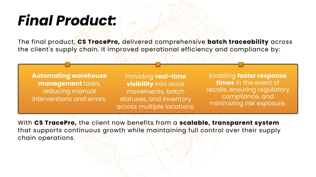 CS TracePro benefits: improved supply chain traceability, automated warehouse management, real-time stock visibility, and faster recall response.
