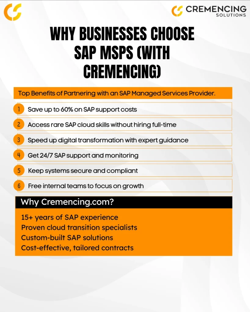 Key benefits of partnering with an SAP Managed Services Provider and why businesses choose Cremencing for expert SAP MSP support.