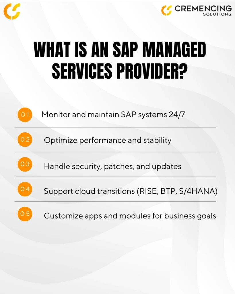 Overview of SAP Managed Services Provider key functions and benefits.