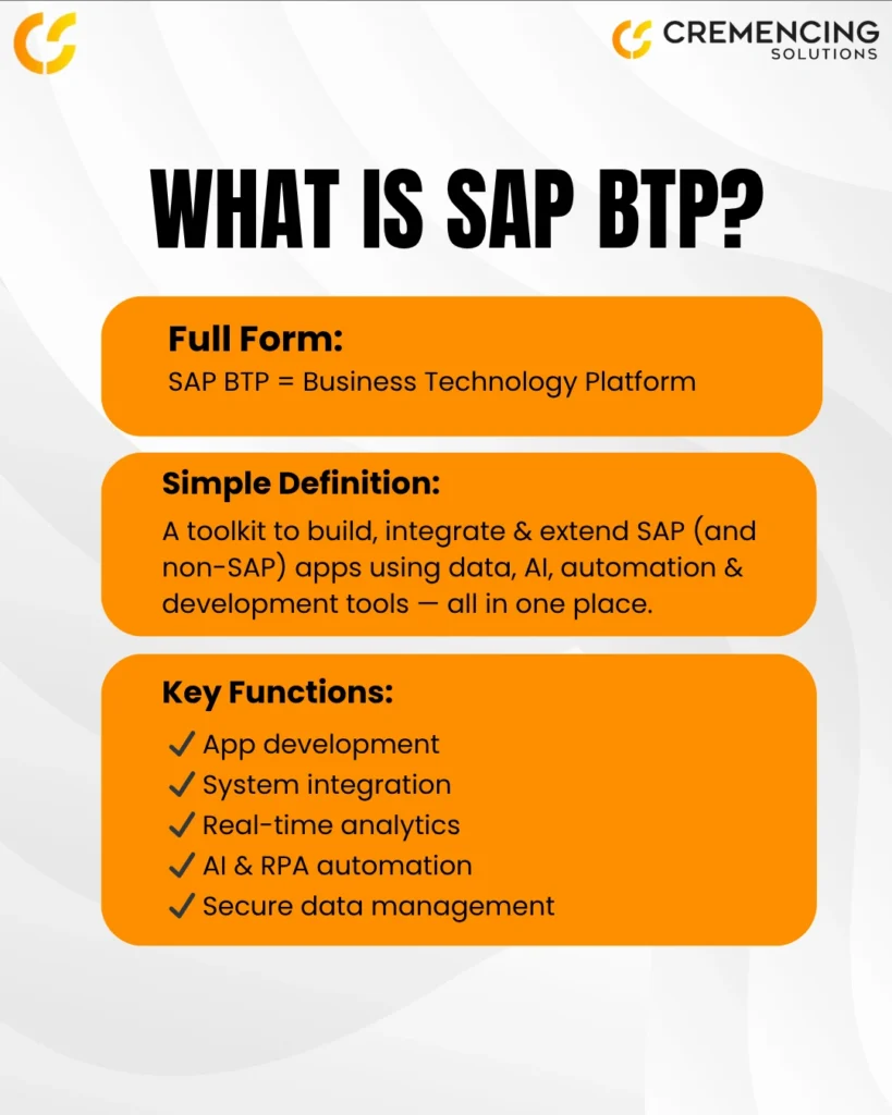 Overview of SAP BTP’s definition, full form, and key functions by Cremencing Solutions.
