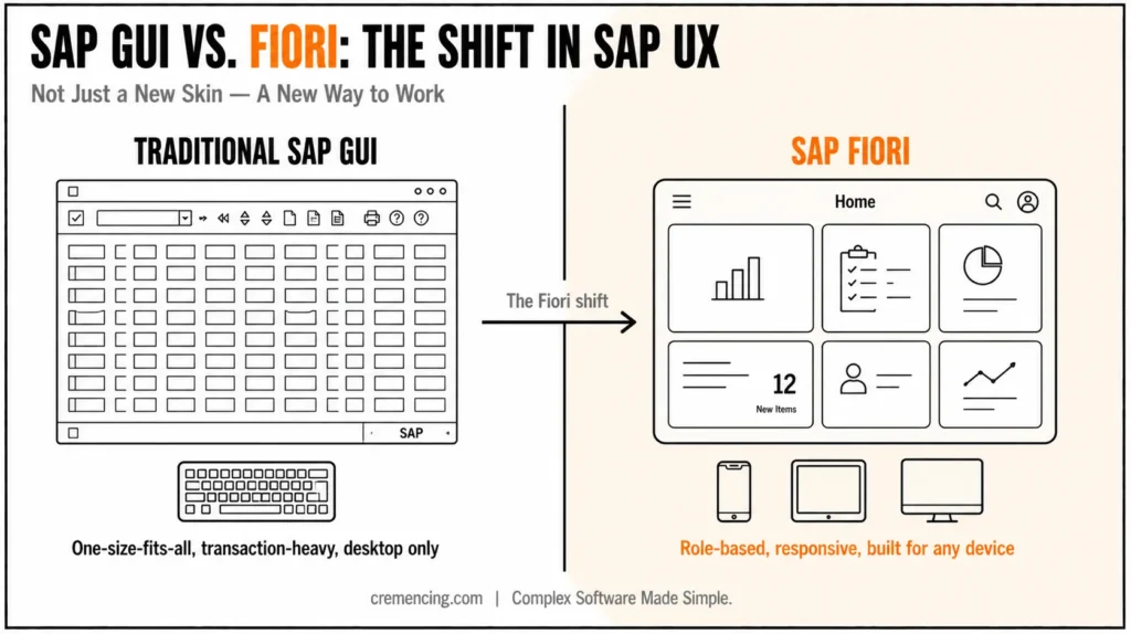 Comparison between traditional SAP GUI and Fiori.
