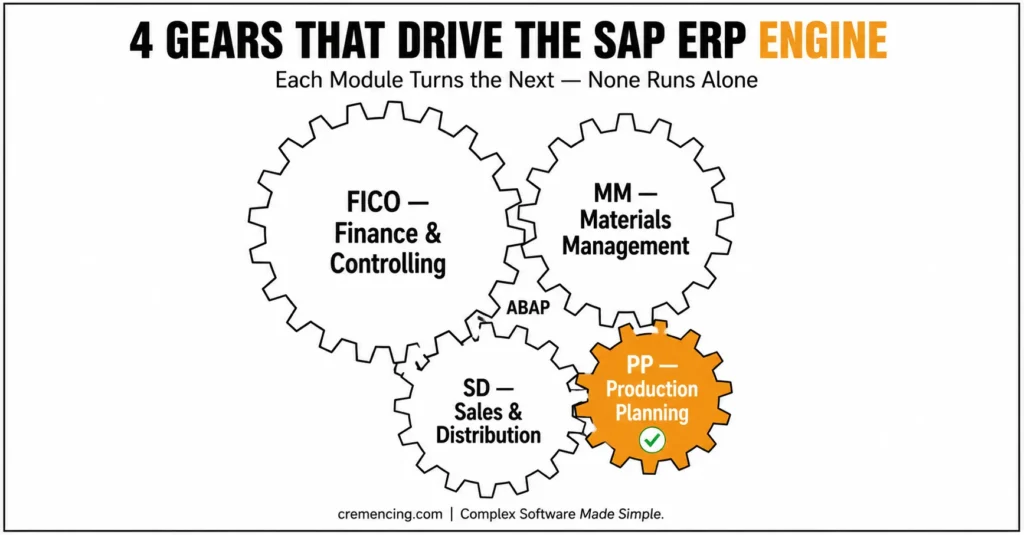 Four interdependent SAP ERP modules.