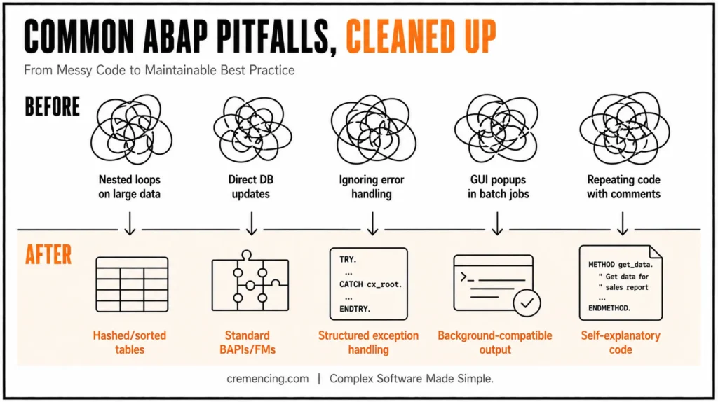 Common ABAP pitfalls and clean solutions.
