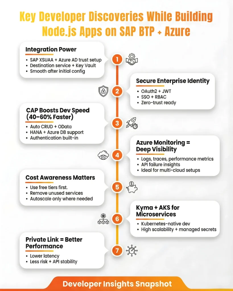 
Infographic listing seven developer insights for building Node.js applications using SAP BTP and Microsoft Azure.