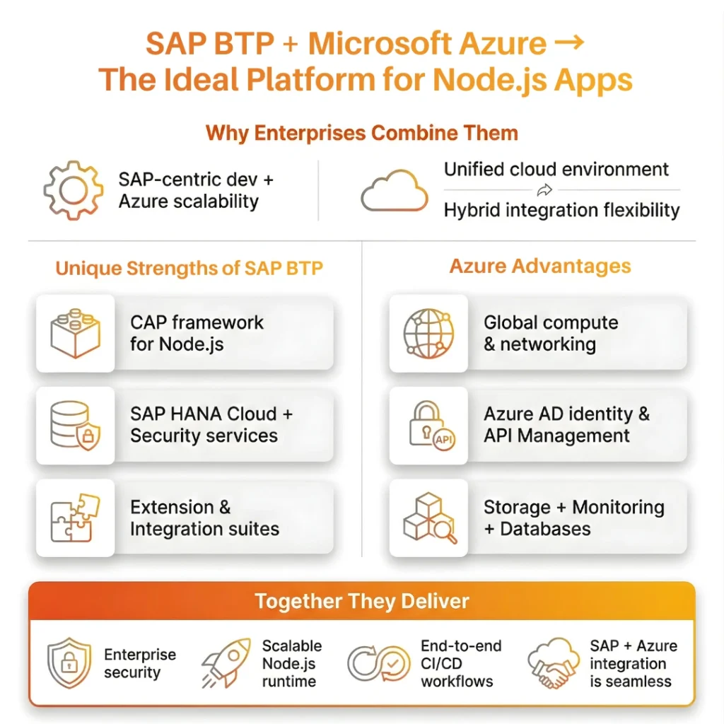 Infographic explaining how combining SAP BTP and Microsoft Azure creates an ideal platform for Node.js applications.