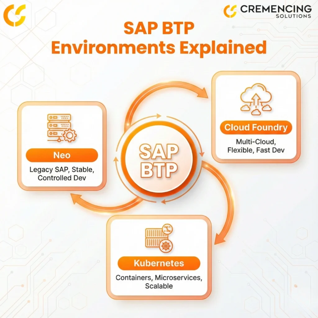 provides a decision-making framework for architects by comparing the three primary runtime environments within the SAP BTP ecosystem: Neo, Cloud Foundry, and Kubernetes.
