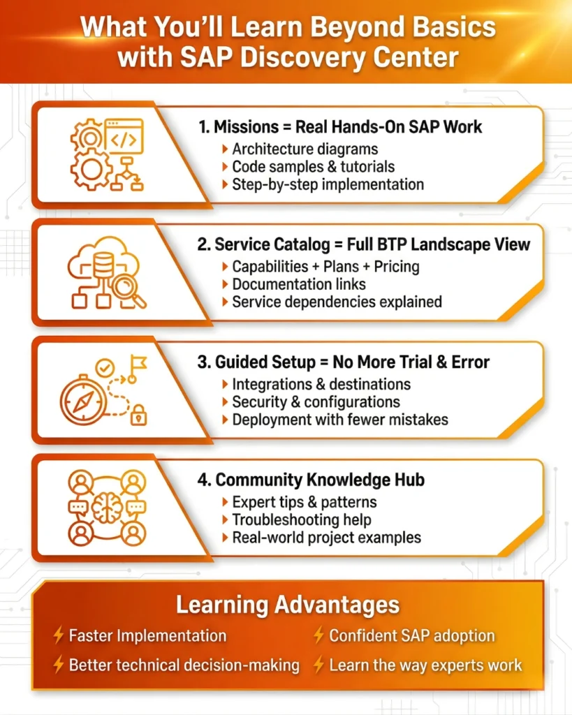 Infographic titled "What You’ll Learn Beyond Basics with SAP Discovery Center" detailing four key features: Missions for hands-on work with code samples; Service Catalog for SAP BTP landscape, pricing, and documentation; Guided Setup for integrations and configurations; and a Community Knowledge Hub for troubleshooting and expert tips