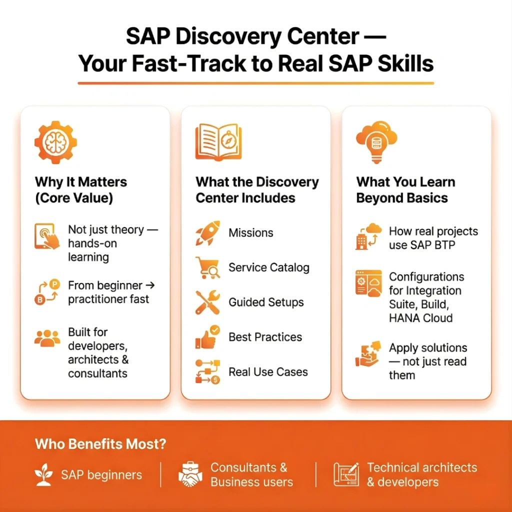 Infographic of SAP Discovery Center showing how to learn SAP BTP skills through missions, guided setups, and real-world use cases for developers, architects, and consultants. It covers SAP Integration Suite, SAP Build, and HANA Cloud configurations.