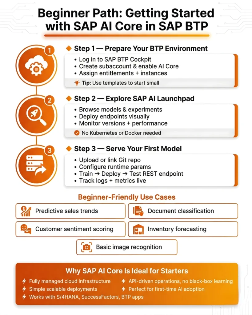 Infographic on SAP Discovery Center advanced learning, highlighting Missions for hands-on code samples, the SAP BTP Service Catalog for pricing and plans, Guided Setup for security configurations, and a Community Knowledge Hub for troubleshooting. Key benefits include faster implementation and better technical decision-making for SAP projects.