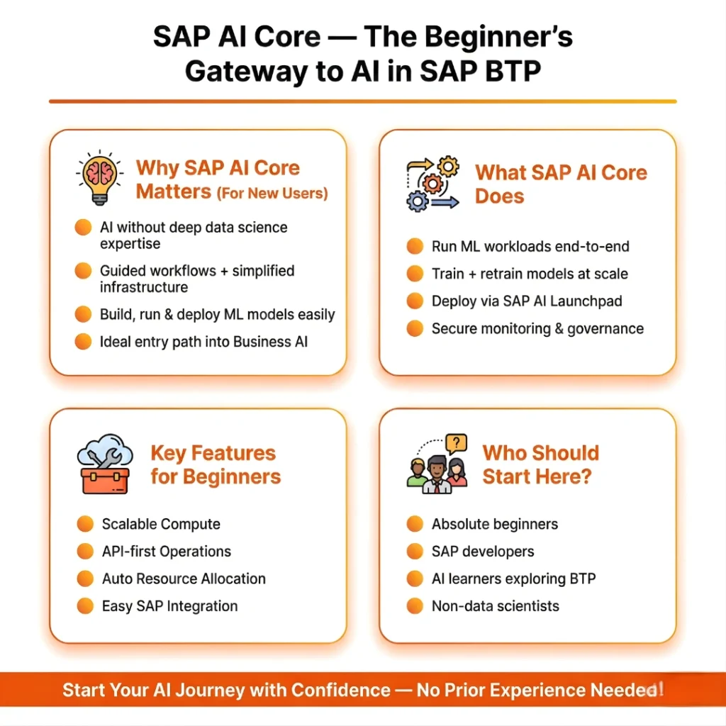 Infographic explaining how to learn SAP BTP beyond basics using SAP Discovery Center. It features Missions for hands-on code samples and architecture diagrams, a Service Catalog for BTP landscape pricing and plans, Guided Setup for secure configurations, and a Community Knowledge Hub for expert troubleshooting. Learning advantages include faster implementation and better technical decision-making.