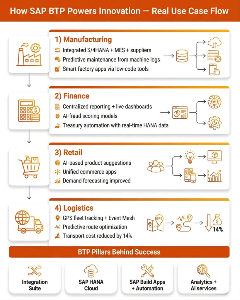 Infographic showcasing SAP BTP ROI and success metrics across Manufacturing, Finance, Retail, and Logistics. Key data includes a 40% reduction in machine downtime, finance reporting time cut from 14 days to 4 hours, and a 32% improvement in logistics delivery speed. Ideal for enterprises researching SAP Business Technology Platform digital transformation benefits.