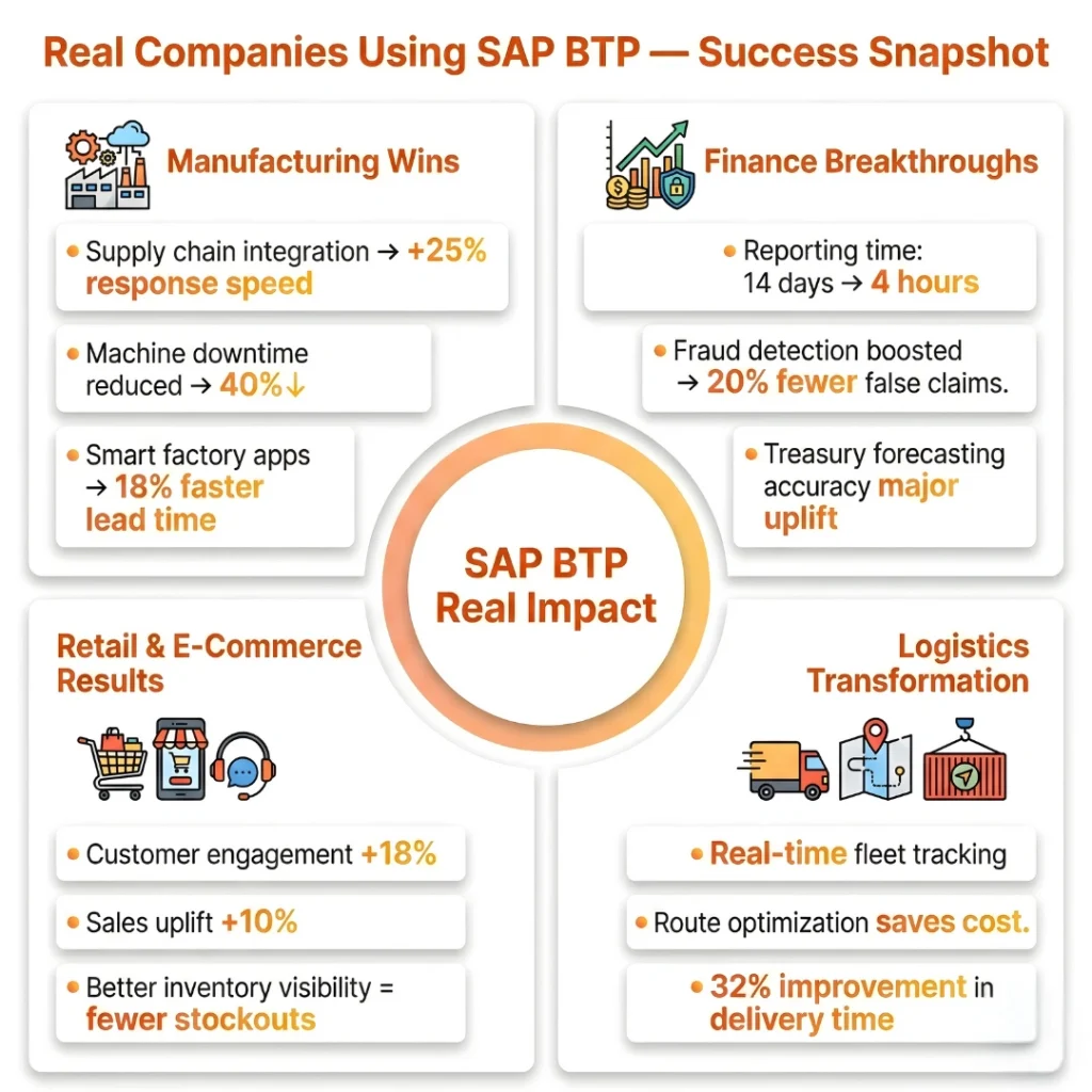 Infographic showing SAP BTP real impact and success stories across Manufacturing, Finance, Retail, and Logistics industries. Data points include a 25% increase in supply chain response speed, reporting time reduced from 14 days to 4 hours, an 18% boost in retail customer engagement, and a 32% improvement in logistics delivery time. Ideal for businesses researching SAP Business Technology Platform ROI and digital transformation case studies.