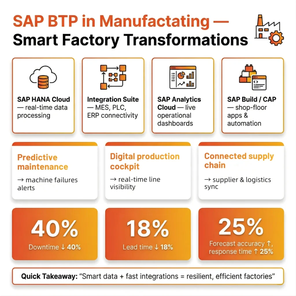 Infographic illustrating SAP BTP in Manufacturing for Smart Factory Transformations. It features SAP HANA Cloud for real-time data, Integration Suite for MES and ERP connectivity, SAP Analytics Cloud for operational dashboards, and SAP Build for shop-floor automation. Results shown include a 40% reduction in downtime, an 18% reduction in lead time, and a 25% increase in forecast accuracy and response time.