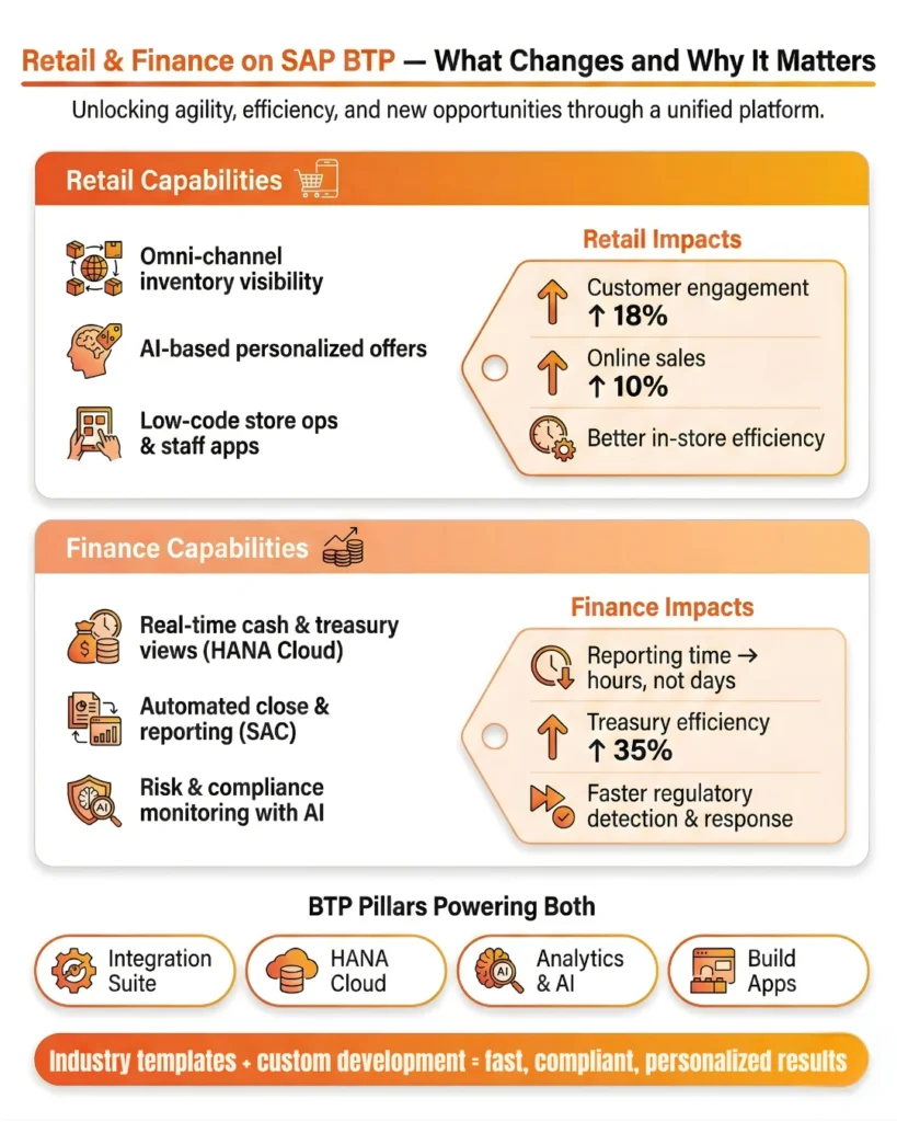 Infographic showing how Retail and Finance industries use SAP Business Technology Platform (BTP) to drive digital transformation. Highlights include an 18% increase in retail customer engagement, a 10% boost in online sales, and a 35% improvement in finance treasury efficiency. Key SAP BTP features shown: Integration Suite, HANA Cloud, Analytics & AI, and Build Apps for low-code development