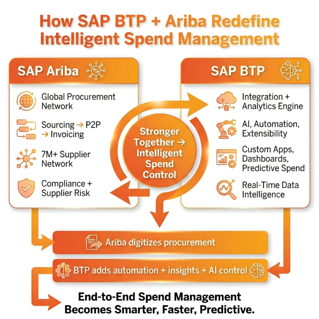 Infographic showing how SAP Ariba and SAP BTP integrate to provide intelligent spend control and automated procurement.