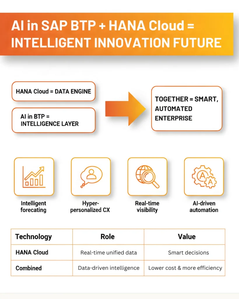 Infographic titled "SAP HANA Cloud: The Data Engine of Future Enterprises." It outlines Core Strengths: real-time data processing, unified structured/unstructured data, and cloud-native scalability. Why It Matters: breaks data silos, faster business decisions, and flexible scaling. Key Business Advantages include a smart analytics foundation, support for modern apps, and operational excellence at scale.