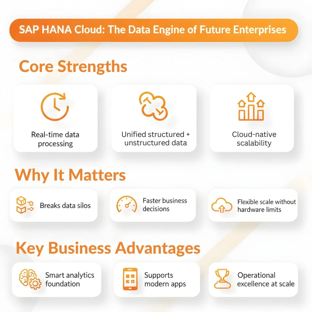 Infographic by Cremencing Solutions detailing the core components of the SAP BTP Foundation. It highlights: 1. SAP BTP ABAP Runtime for cloud-native ABAP development; 2. SAP Cloud SDK for seamless API and on-premise integration; 3. Low-Code/No-Code tools like SAP Build for rapid app development; and 4. Side-by-Side Extensions to keep the S/4HANA core clean. These tools are described as the engine driving modern digital transformation.