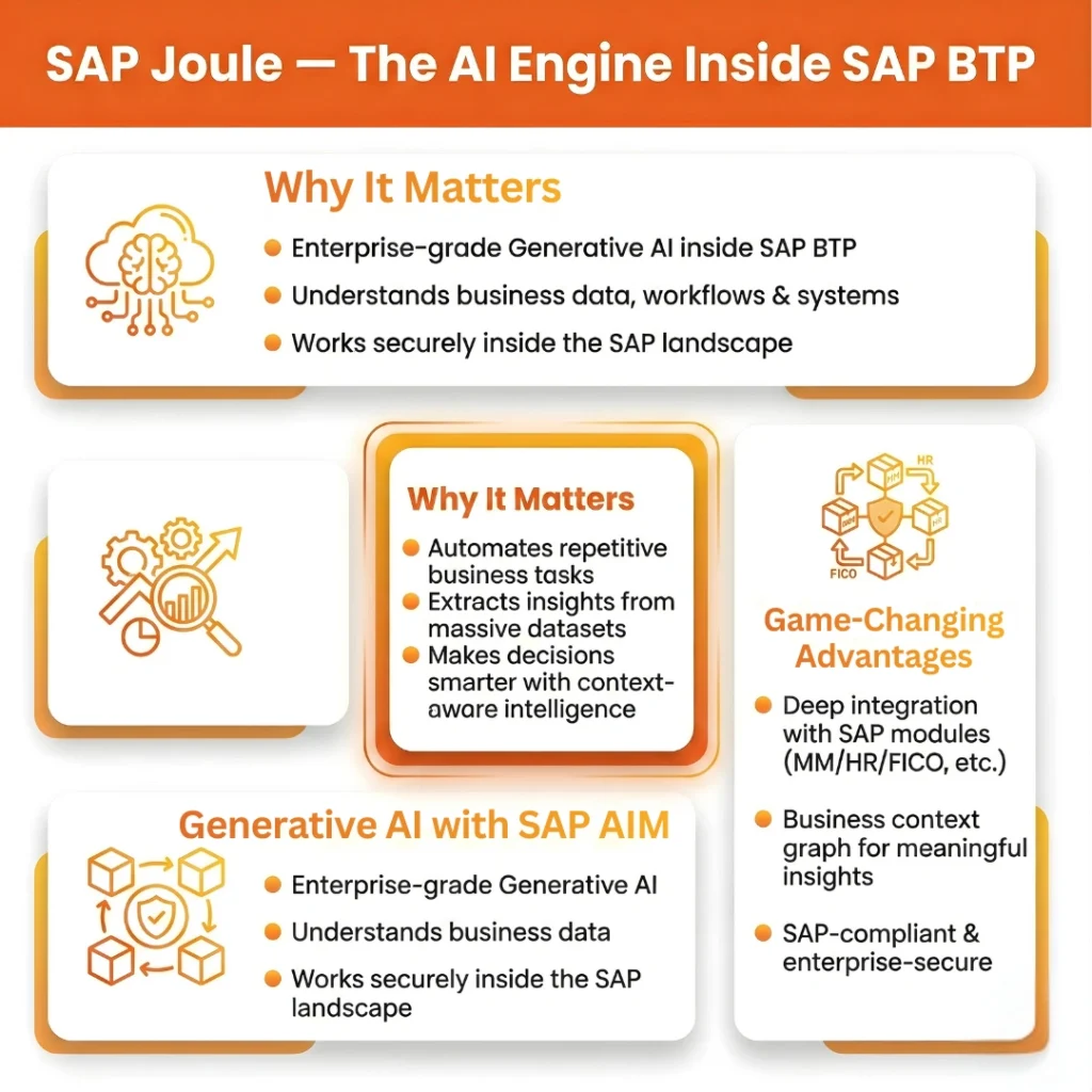 Infographic explaining SAP Joule as the generative AI engine for SAP BTP. It highlights its ability to understand business context, automate repetitive tasks, and provide context-aware intelligence. Features "Game-Changing Advantages" like deep integration with SAP modules (MM, HR, FICO) and enterprise-grade security