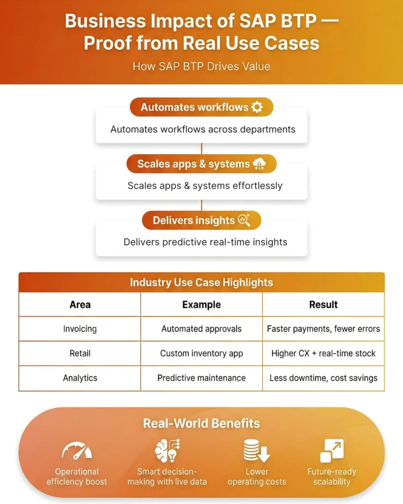 Infographic explaining SAP BTP API Lifecycle Tools, detailing capabilities like API Design, Centralized Management, Real-time Monitoring, and Security (OAuth 2.0). Features a 3-step workflow for governance and encryption.
