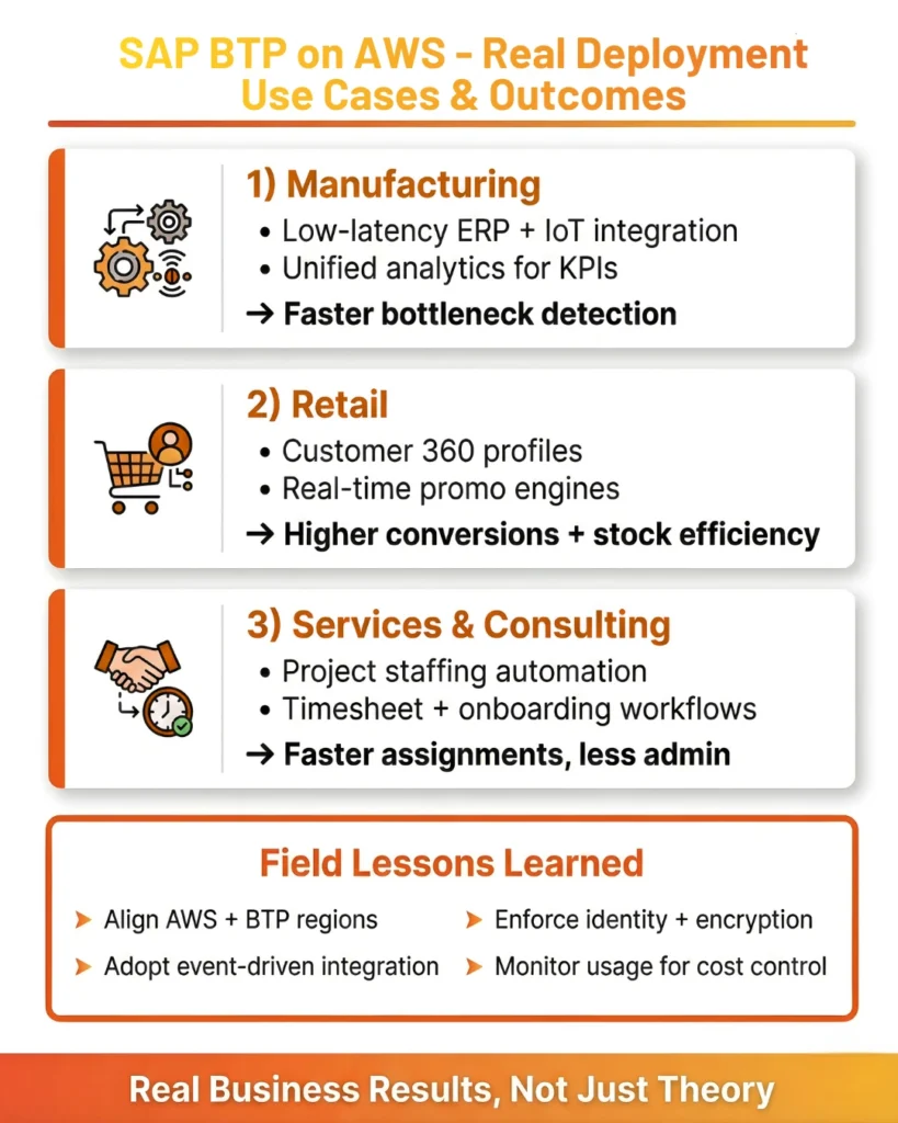 
Infographic of SAP BTP on AWS use cases for manufacturing, retail, and consulting with key field lessons learned.