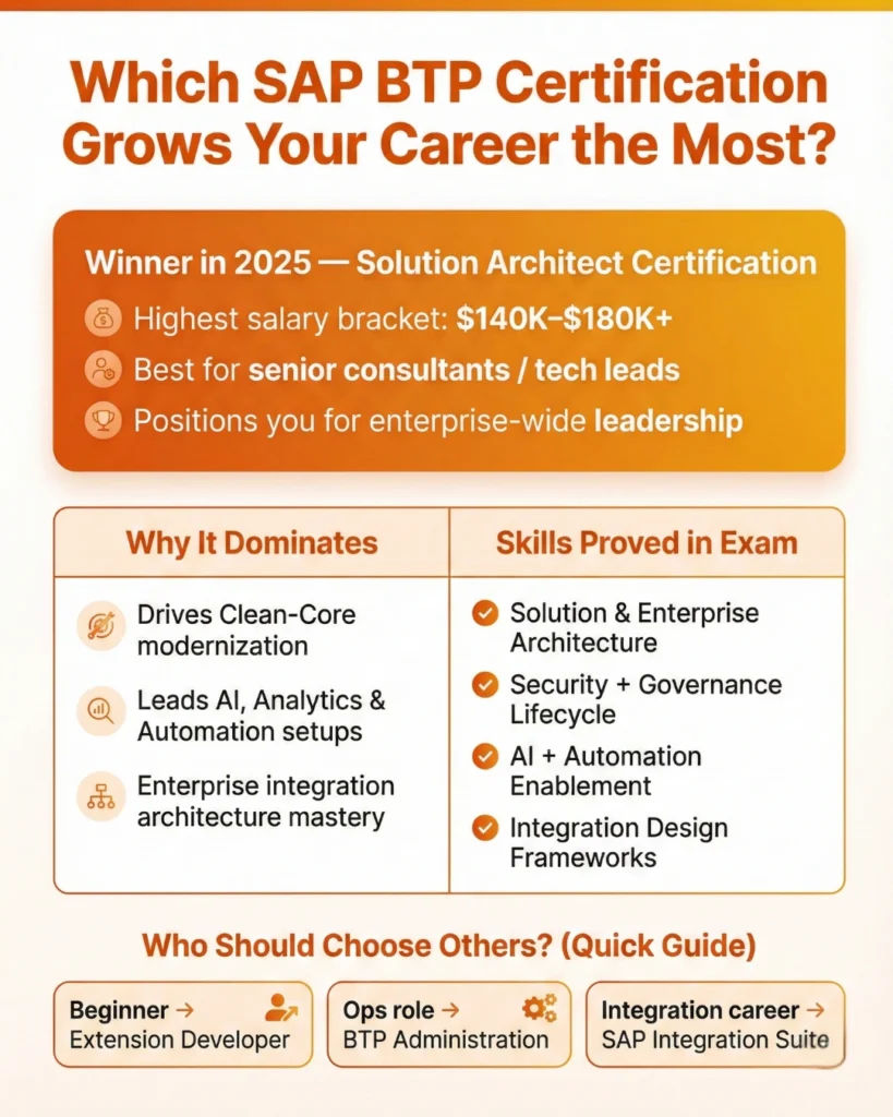 An infographic titled "SAP Joule — The AI Engine Inside SAP BTP." It explains why it matters, highlighting enterprise-grade Generative AI that securely understands business data, workflows, and systems within the SAP landscape. It details game-changing advantages such as deep integration with SAP modules (MM, HR, FICO), a business context graph for meaningful insights, and compliance with SAP AIM standards.