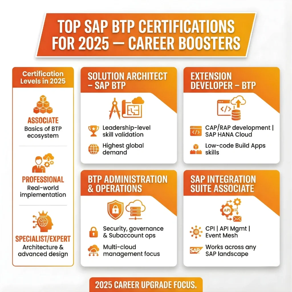 Infographic titled "SAP Joule — The AI Engine Inside SAP BTP." It explains why the engine matters, highlighting enterprise-grade Generative AI that understands business data and workflows securely. Lists "Game-Changing Advantages" like deep integration with SAP modules (MM, HR, FICO), a business context graph for meaningful insights, and compliance with SAP AIM standards.