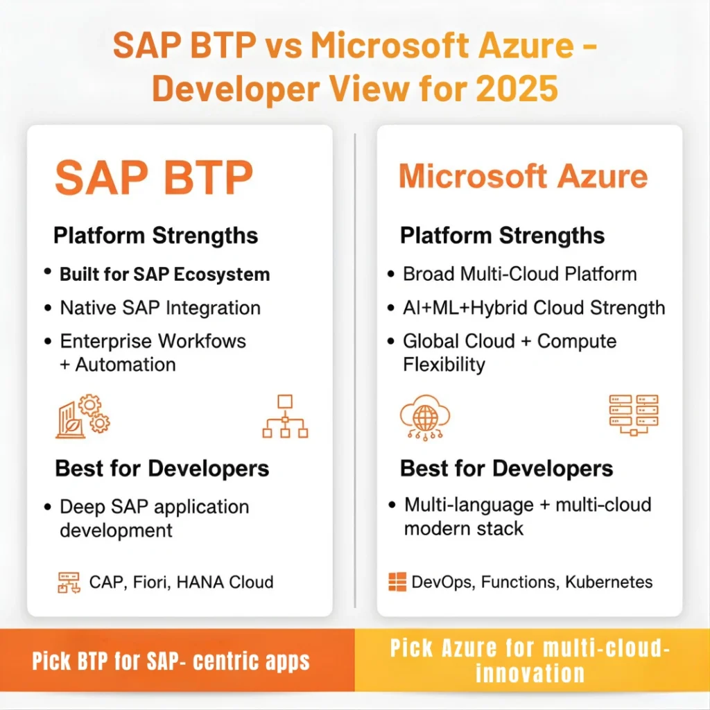 Comparison infographic of SAP BTP vs. Microsoft Azure strengths and developer tools for 2025.