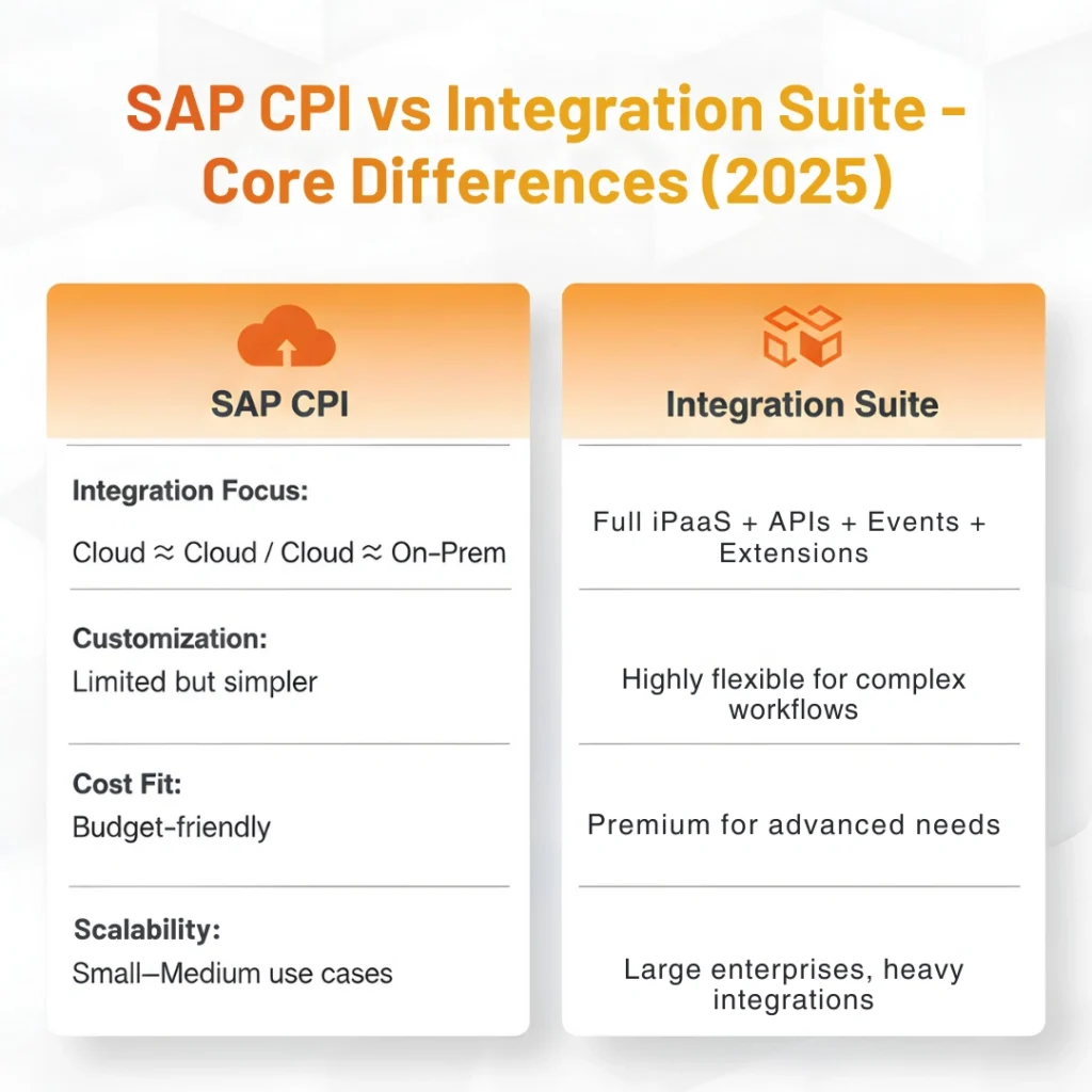 A comparison infographic by Cremencing Solutions titled "SAP CPI vs Integration Suite – Core Differences (2025)." It breaks down the shift from SAP CPI (budget-friendly, focused on cloud-to-cloud/on-prem, simpler customization) to the full Integration Suite (premium iPaaS with APIs, events, and extensions, highly flexible for complex workflows and large enterprise heavy integrations).