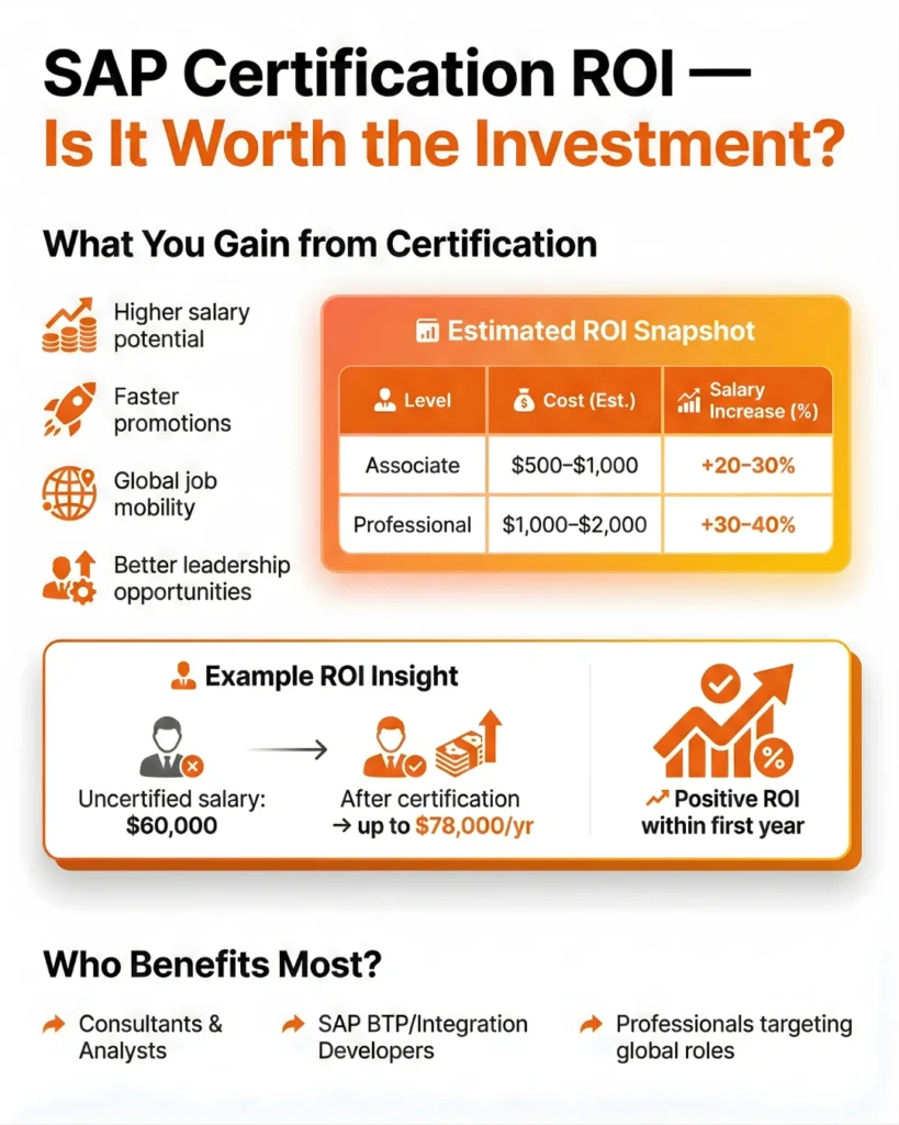 An infographic titled "SAP Certification ROI — Is It Worth the Investment?" outlining the career benefits and financial returns of SAP certification. A table shows that Associate level certifications cost $500–$1,000 with a 20-30% salary increase, while Professional levels cost $1,000–$2,000 with a 30-40% increase.