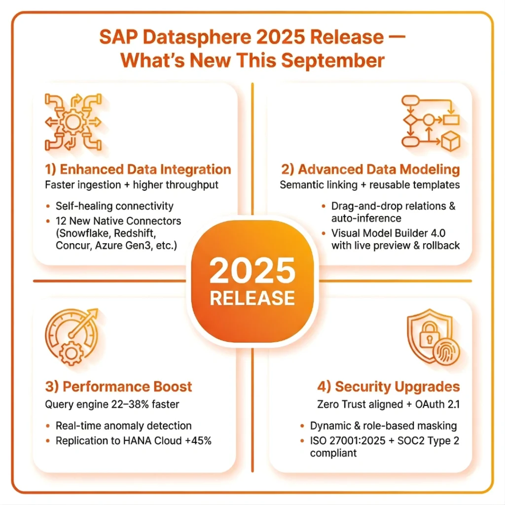 Infographic explaining SAP Joule as the generative AI engine for SAP BTP. Highlights why it matters (enterprise-grade security, business context awareness) and game-changing advantages like deep integration with SAP modules (MM, HR, FICO) and compliance with SAP AIM standards.
