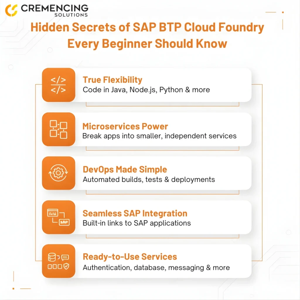 t highlights developer-centric benefits such as multi-language flexibility, microservices architecture, automated DevOps, native SAP integration, and a suite of ready-to-use platform services.