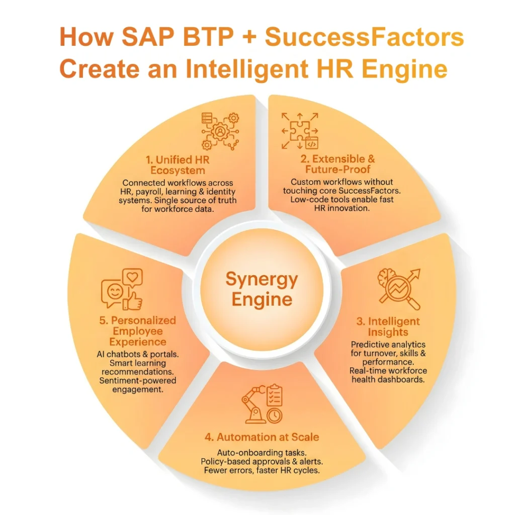 Circular diagram showing 5 ways SAP BTP and SuccessFactors create an intelligent HR engine around a Synergy Engine.