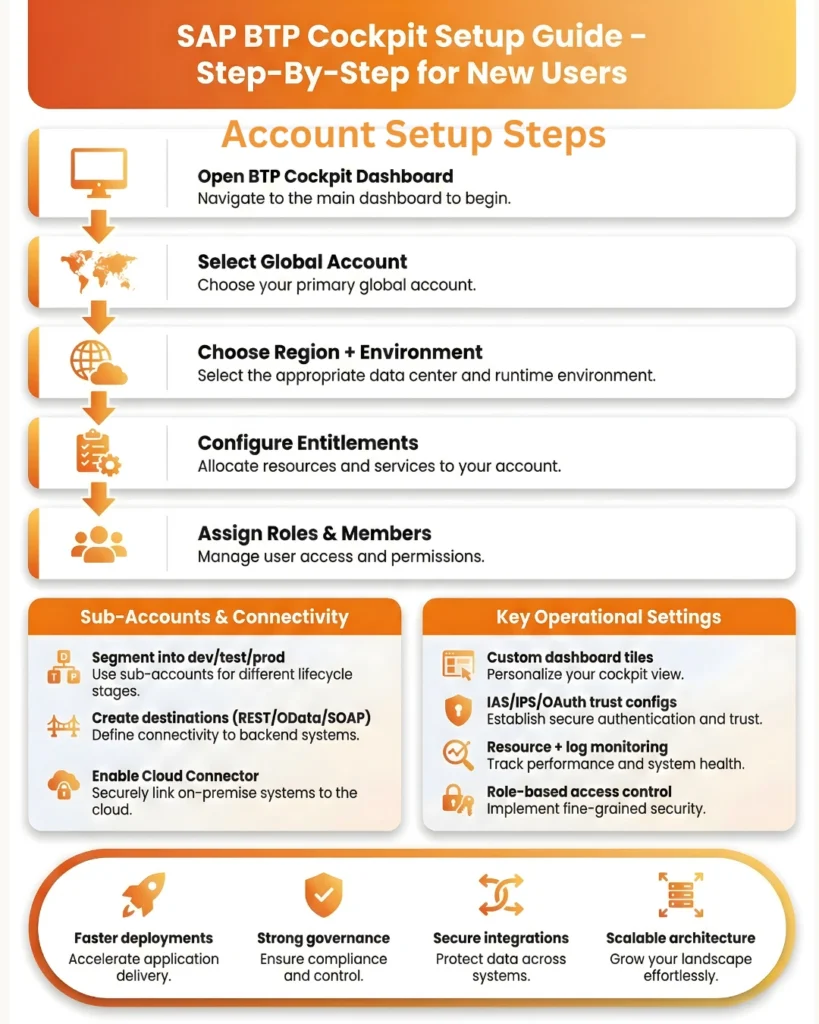 Infographic providing a visual overview of the SAP BTP Cockpit. It details six core management areas: Accounts & Sub-Accounts, Services & Entitlements, Security Configurations, Resource Monitoring, and Connectivity & Destinations. Highlights its role as the central control center for a predictable and secure service landscape.