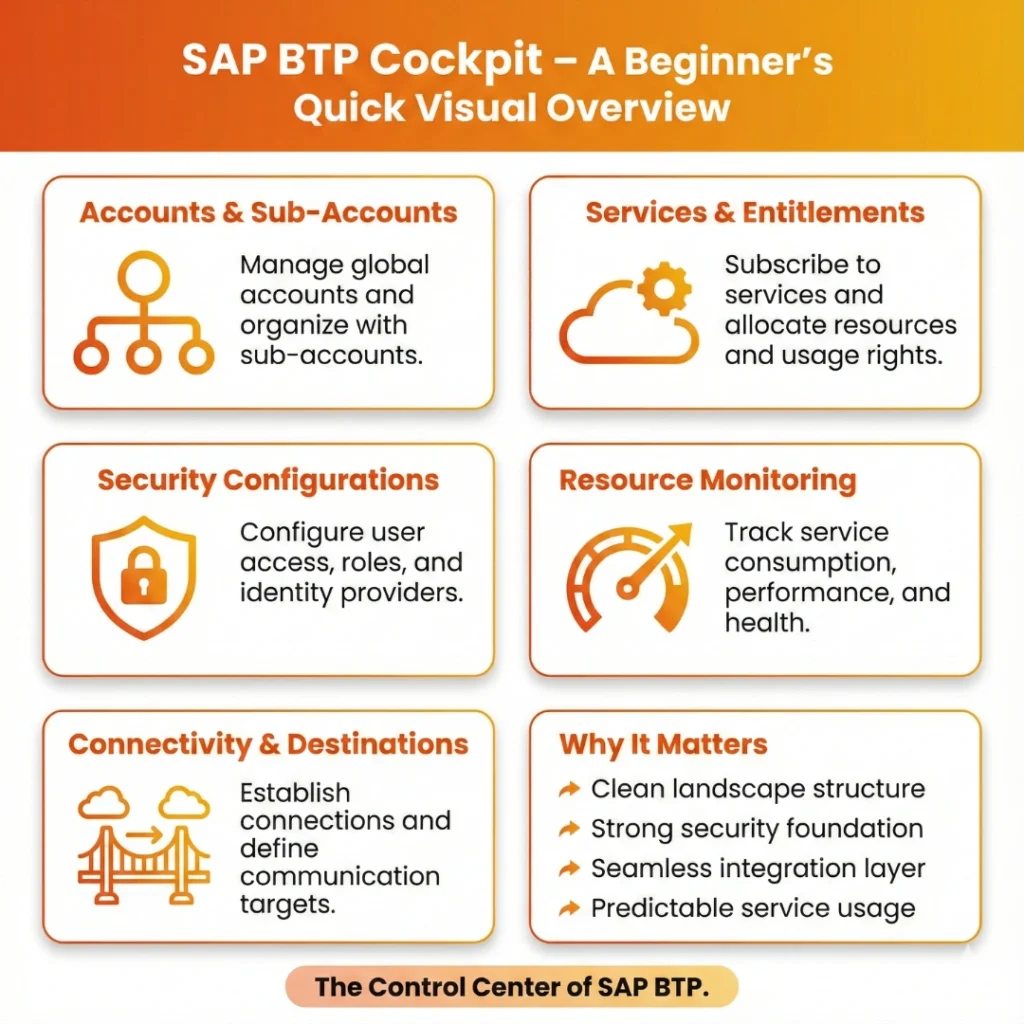Infographic titled "SAP BTP Cockpit — A Beginner’s Quick Visual Overview." It highlights six key areas: 1. Accounts & Sub-Accounts management; 2. Services & Entitlements subscription; 3. Security Configurations (roles/identity); 4. Resource Monitoring (health/consumption); 5. Connectivity & Destinations; and 6. Why It Matters (clean landscape, strong security foundation).