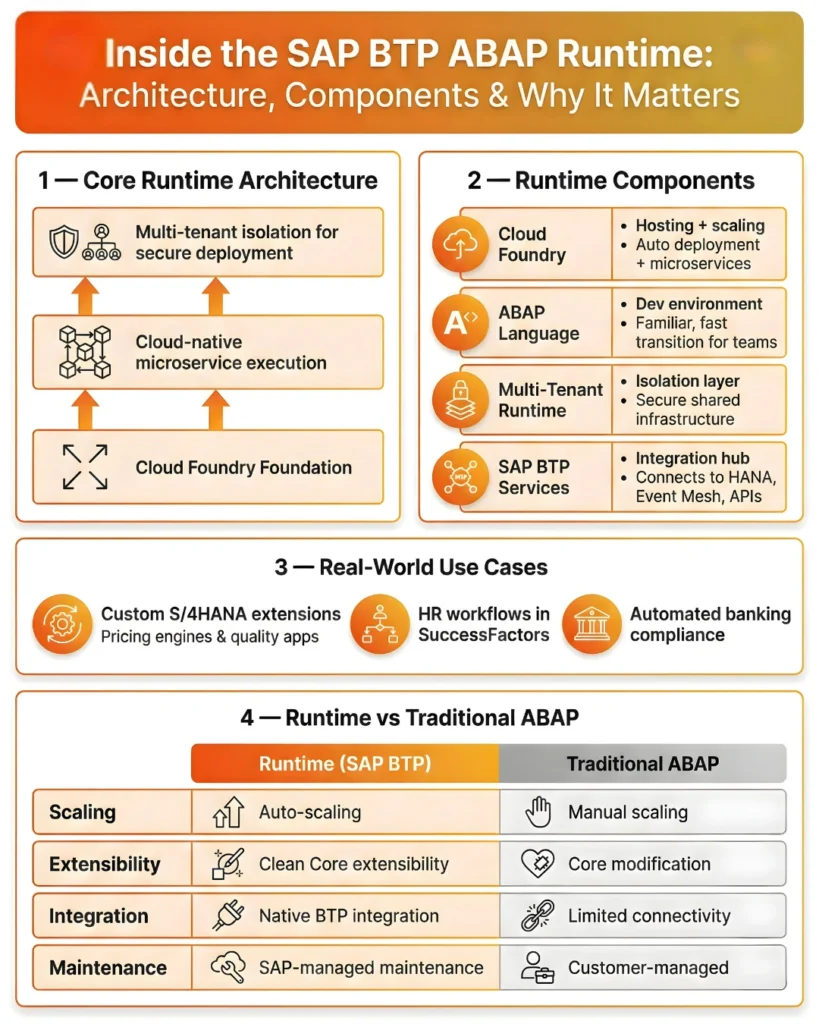 Infographic highlighting the 2025 business benefits of the SAP BTP ABAP Environment. It lists increased developer productivity via Joule AI, accelerated cloud transformation, future-proofing with cloud-ready logic, and operational efficiency through blue-green lifecycle management for reduced downtime.