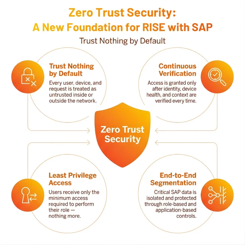 Infographic showing four principles of Zero Trust Security for SAP RISE: trust nothing, verify always, and least privilege.