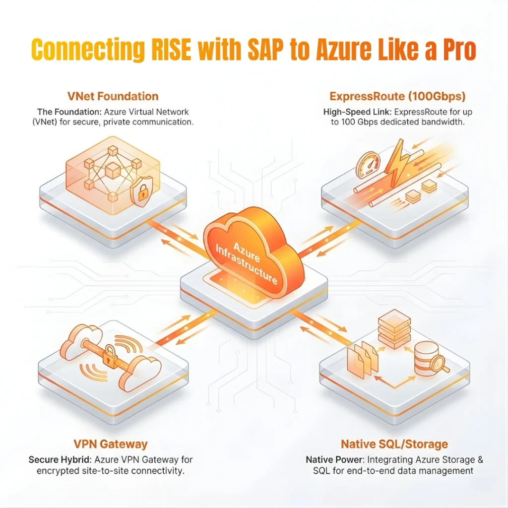 Technical diagram showing Azure infrastructure connections for RISE with SAP including VNet, ExpressRoute, and VPN Gateway.