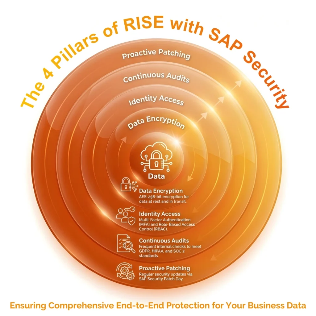 Concentric circle infographic showing four security pillars: data encryption, identity access, audits, and patching.