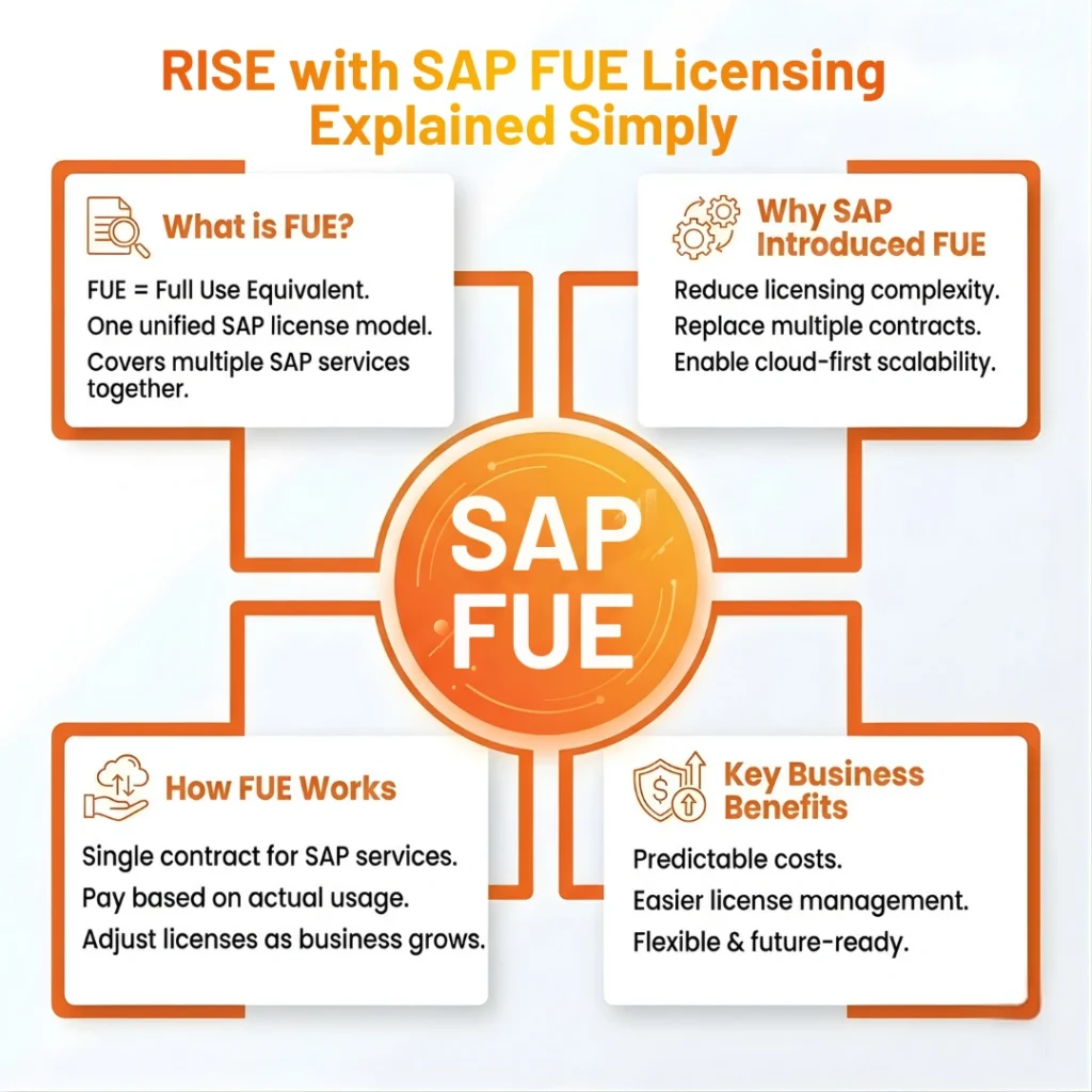 Infographic explaining RISE with SAP FUE licensing, defining Full Use Equivalent and key business benefits.