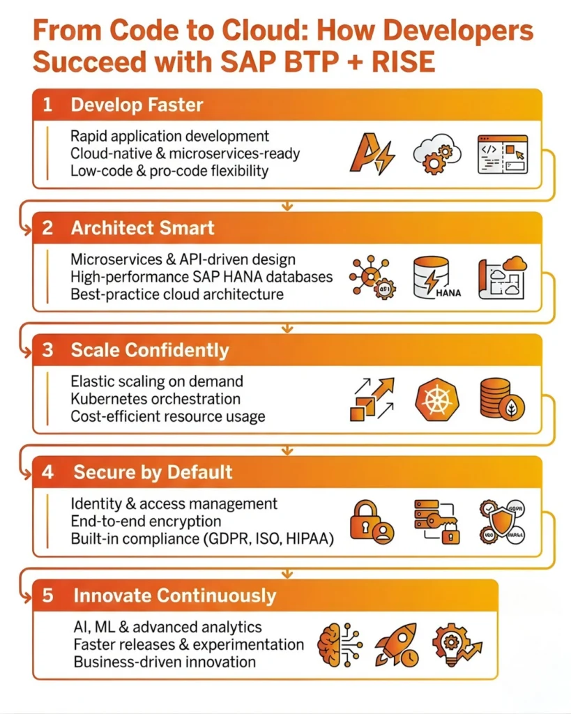 Infographic showing four key benefits for developers using SAP BTP and RISE with SAP for innovation.