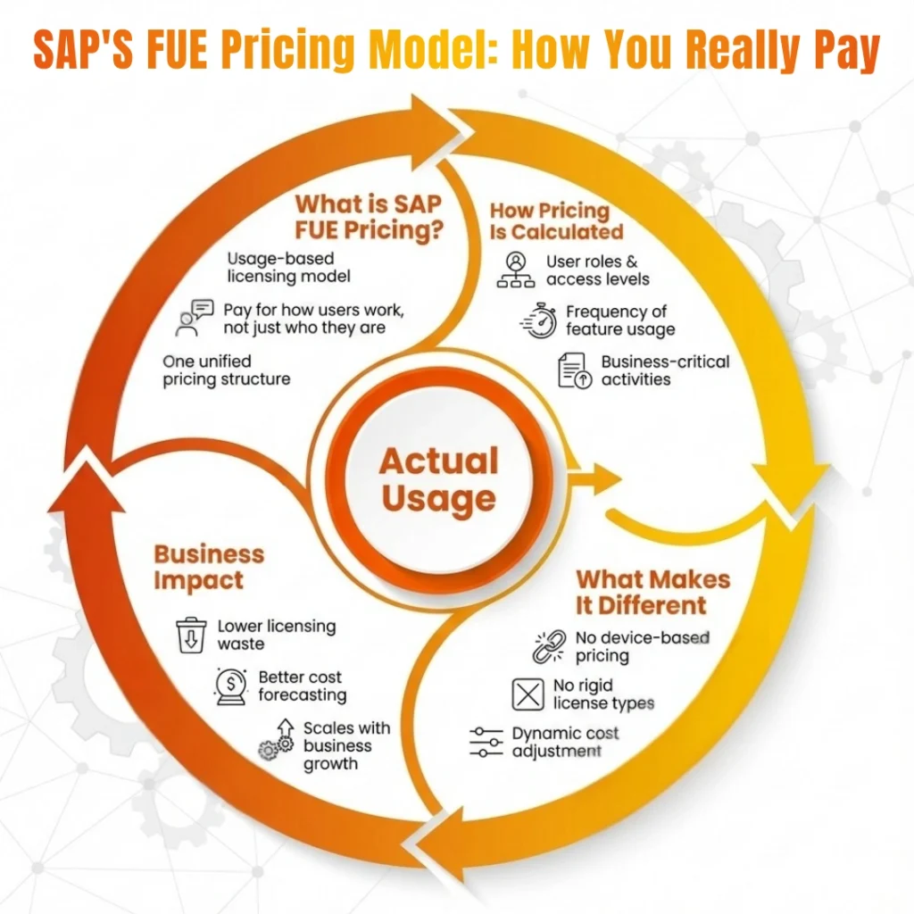 Infographic explaining the SAP FUE (Full Usage Equivalent) pricing model, illustrating how actual usage, user roles, and business impact determine licensing costs through a circular flow diagram.