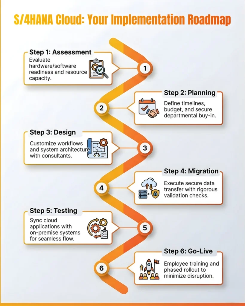 An orange zigzag timeline showing a six-step S/4HANA Cloud implementation roadmap from assessment to go-live.
S/4HANA Cloud Implementation Roadmap
