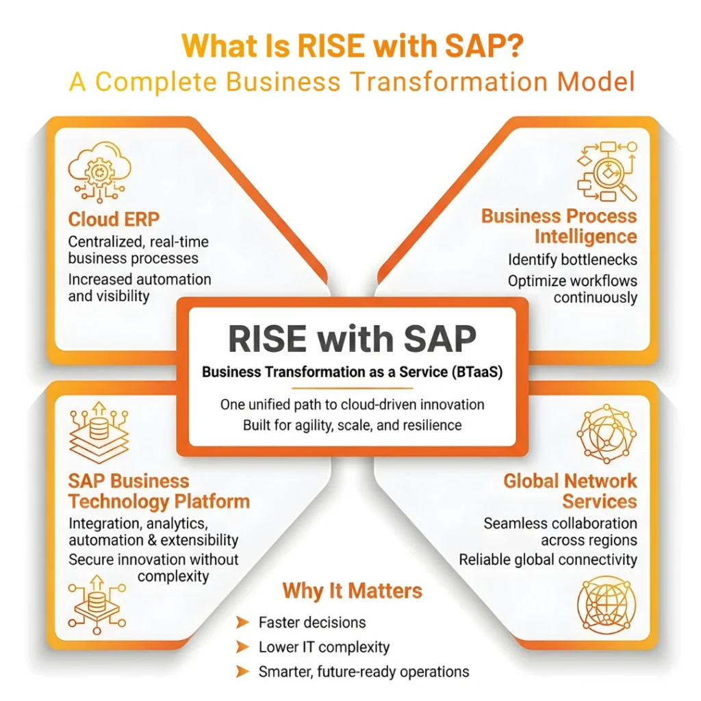 Infographic explaining RISE with SAP as a Business Transformation as a Service (BTaaS) model, featuring Cloud ERP, Business Process Intelligence, SAP Business Technology Platform, and Global Network Services for cloud-driven innovation.