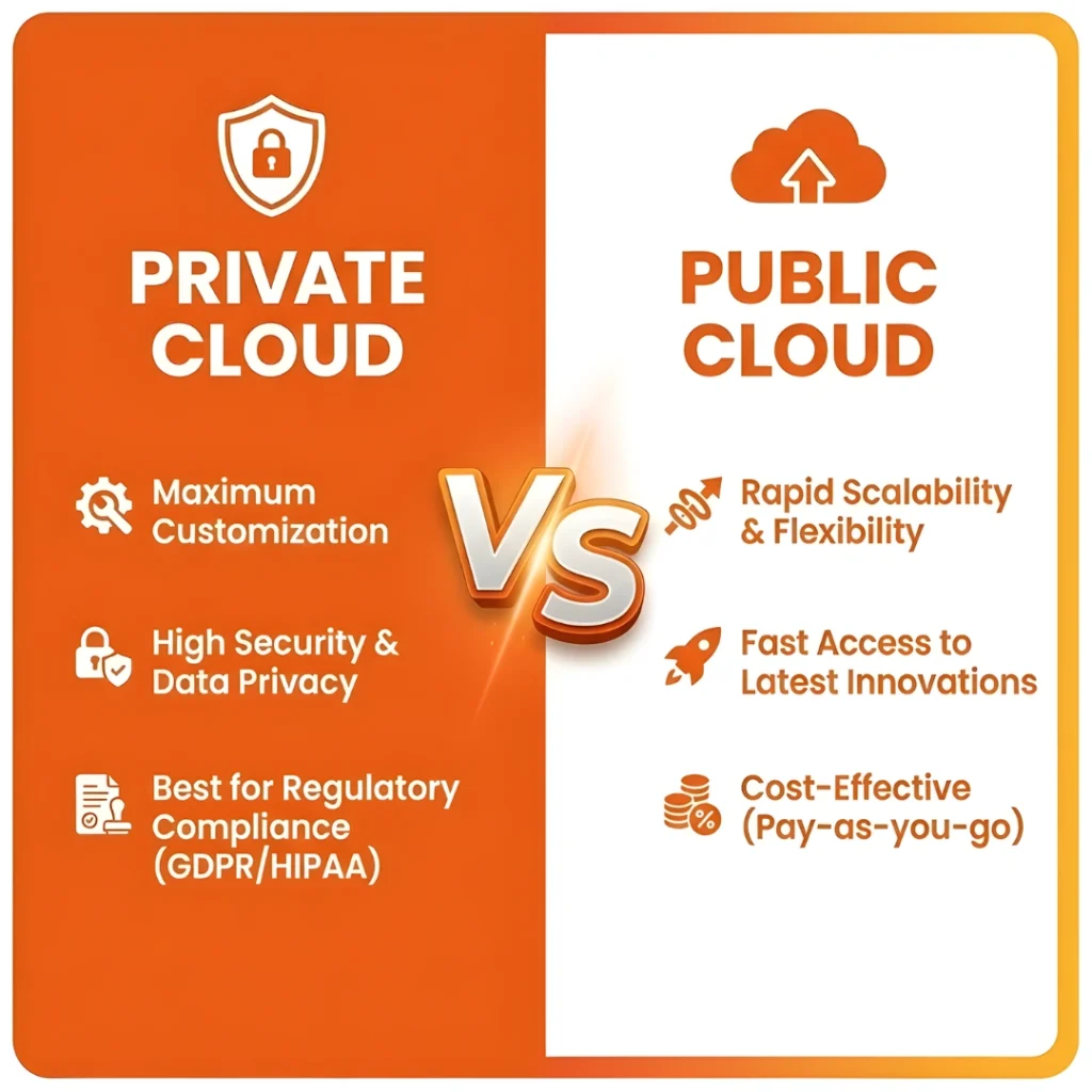: Private Cloud vs Public Cloud A side-by-side comparison chart of Private Cloud and Public Cloud features for business deployment.