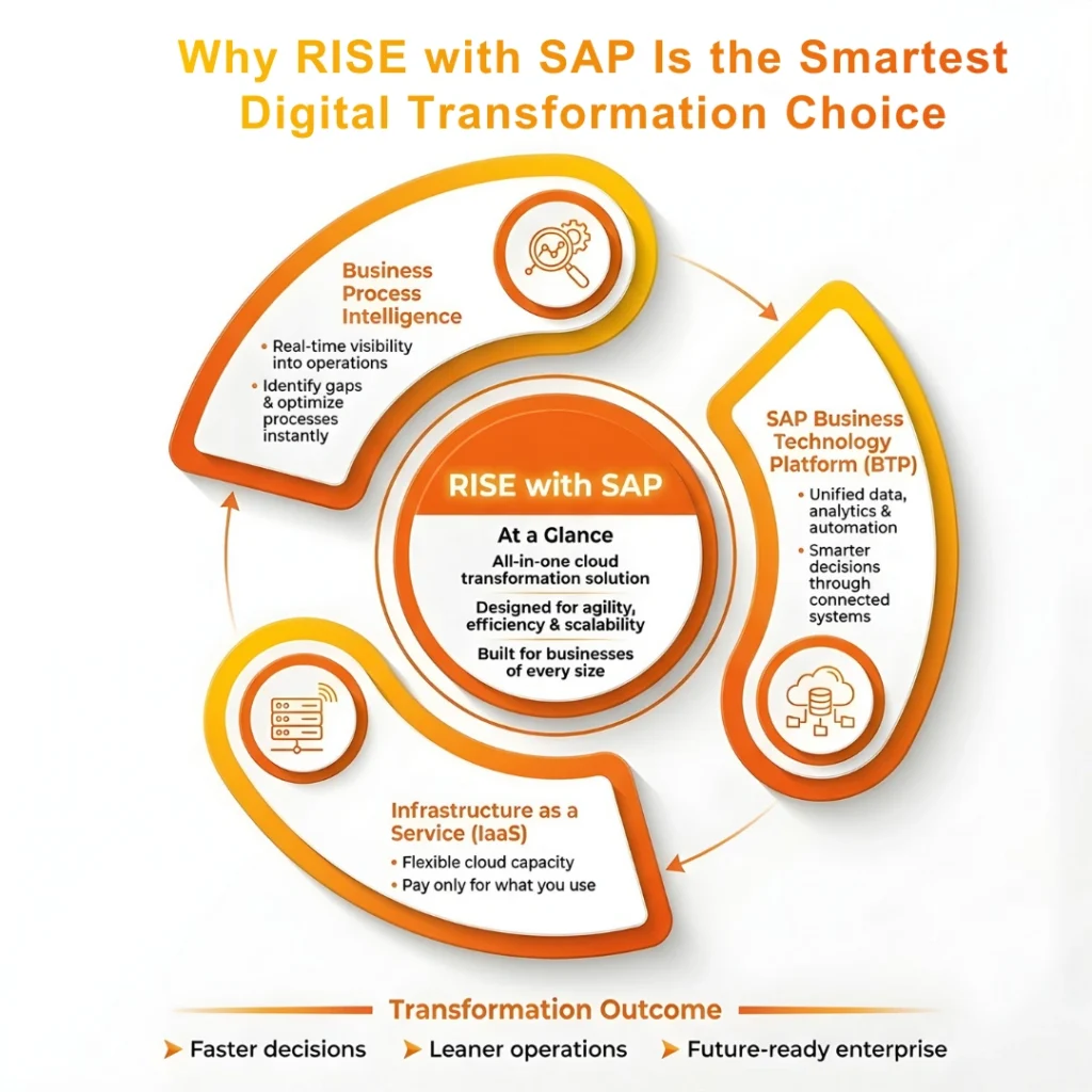 Infographic showing RISE with SAP components including Business Process Intelligence, BTP, and IaaS cloud infrastructure.