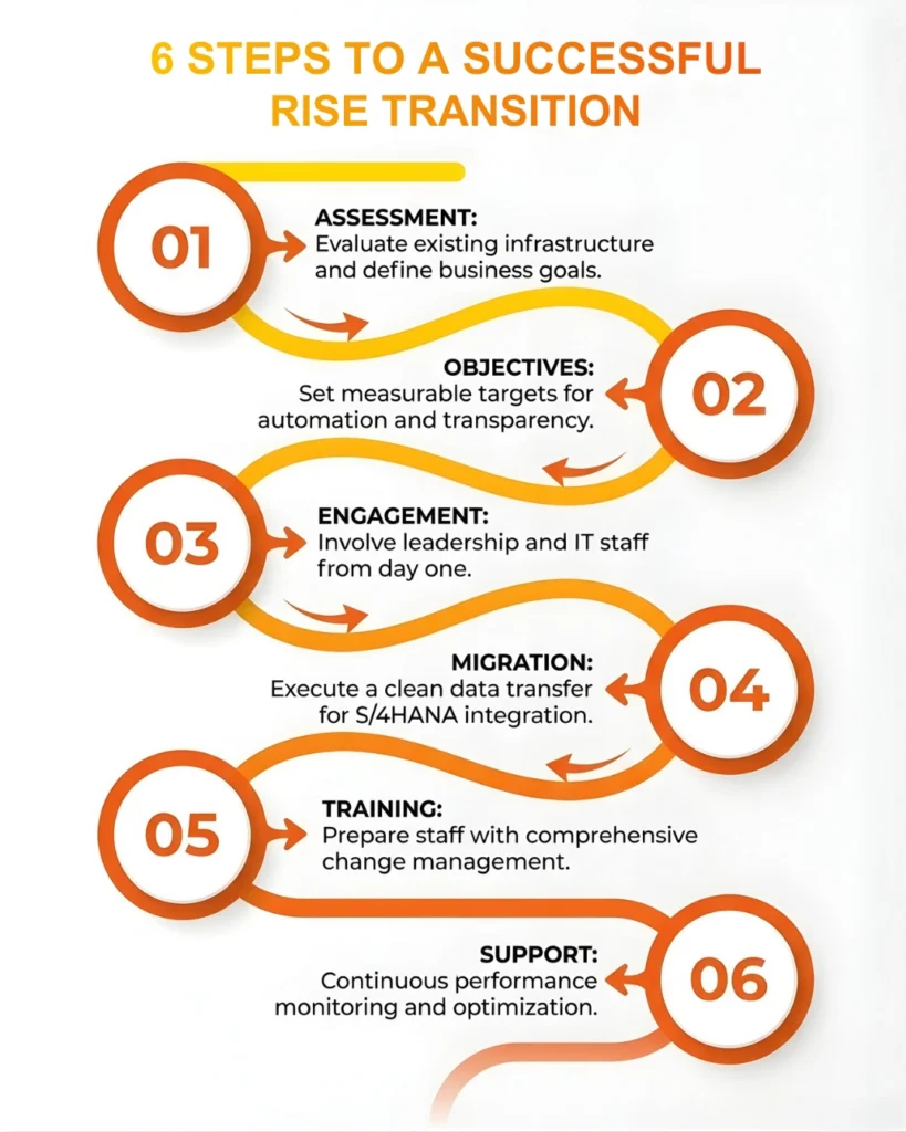 Six Steps for RISE with SAP Transition Zigzag infographic showing six steps for a RISE transition from assessment and objectives to training and support.
