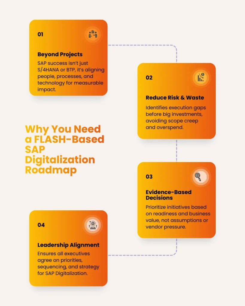 "Infographic titled 'Why You Need a FLASH-Based SAP Digitalization Roadmap' outlining four strategic benefits: going beyond technical projects to align people and processes; reducing risk and waste by identifying execution gaps; making evidence-based decisions prioritized by business value; and ensuring leadership alignment on digital strategy and sequencing."