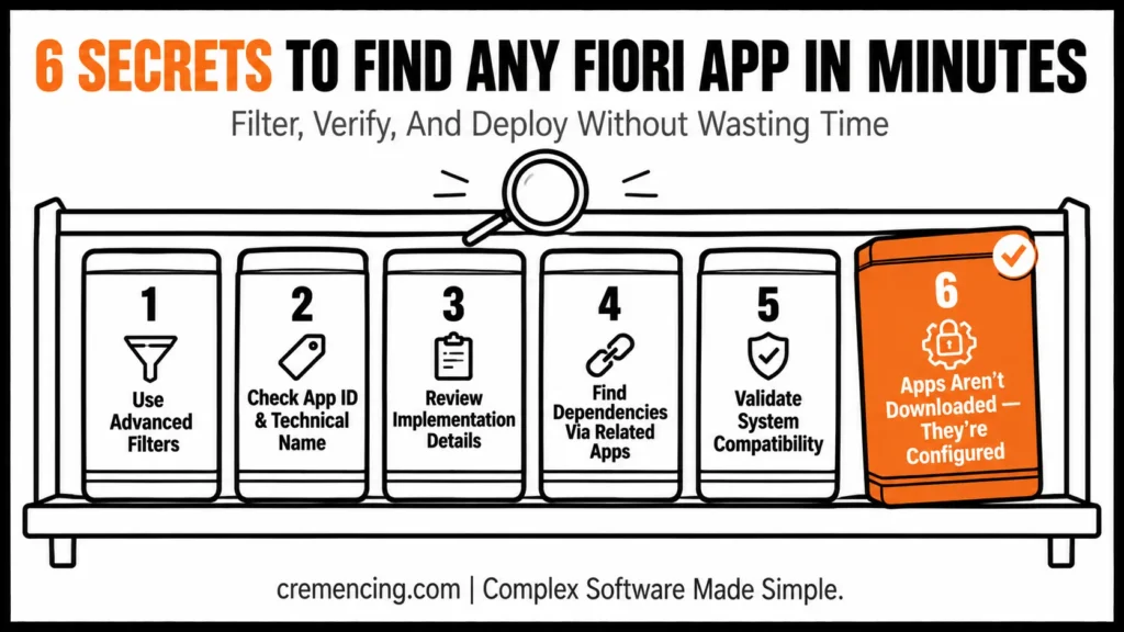 Smartphone rack listing six Fiori app secrets.